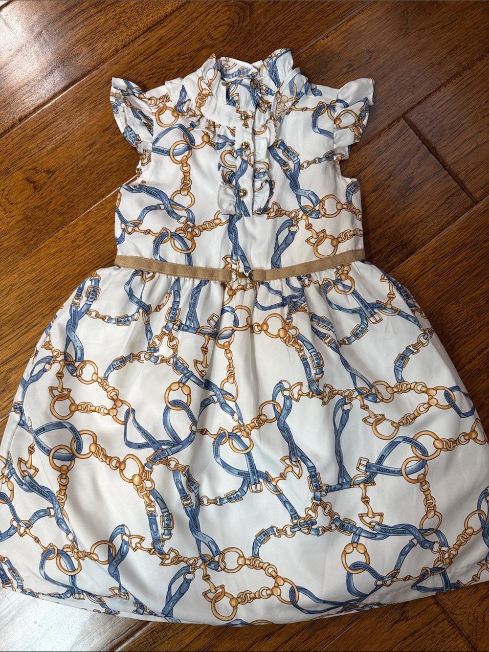 Girls White Dress with Blue & Gold Chain Print
